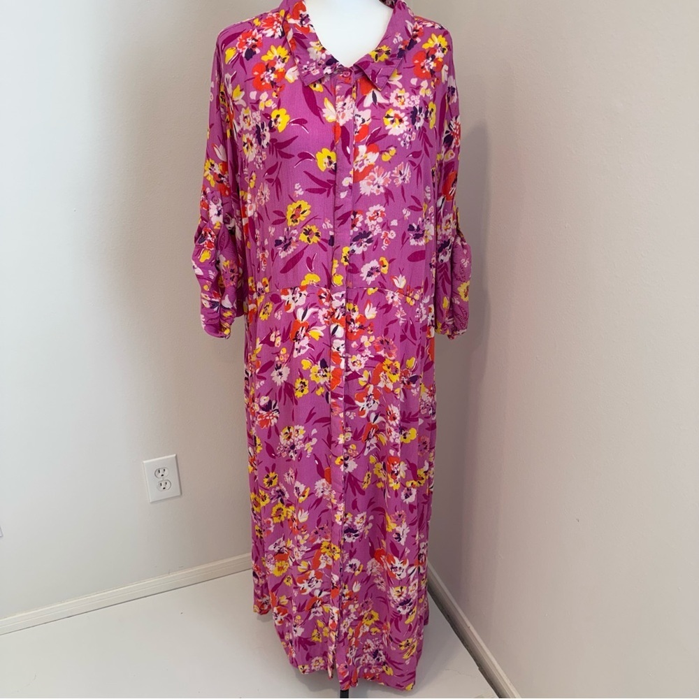 Woman Within Floral Pink Maxi Shirt Dress Roll Tab Sleeve Boho Spring 28W